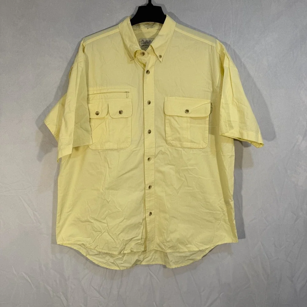Cabelas‎ Mens Large Yellow Vented Short Sleeve Fishing Outdoor Hike Button Up
